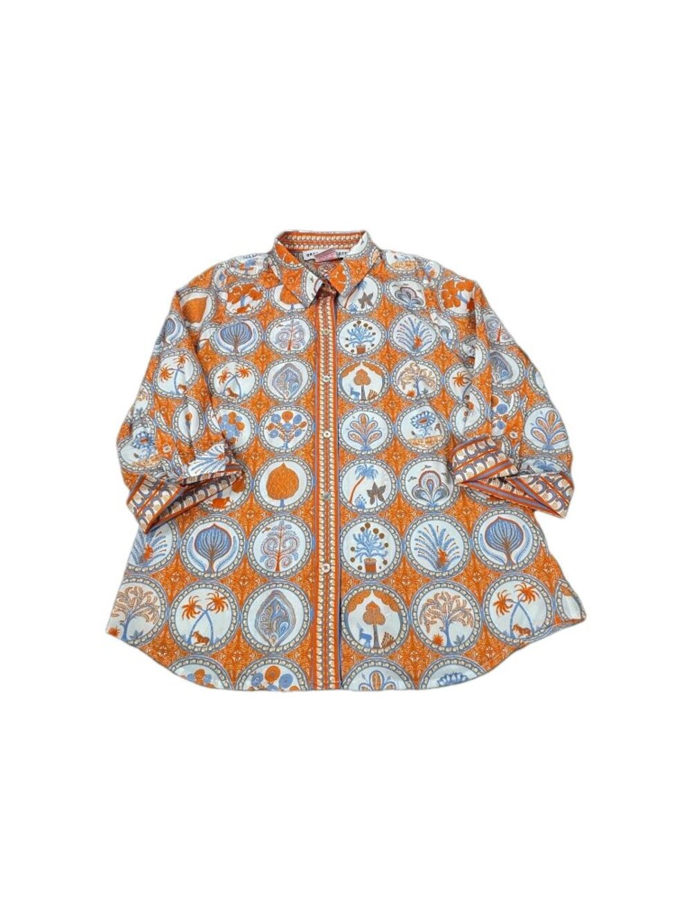 Gretchen Scott Boyfriend Shirt Women Medium Orange Blue Circle of Love Geometric